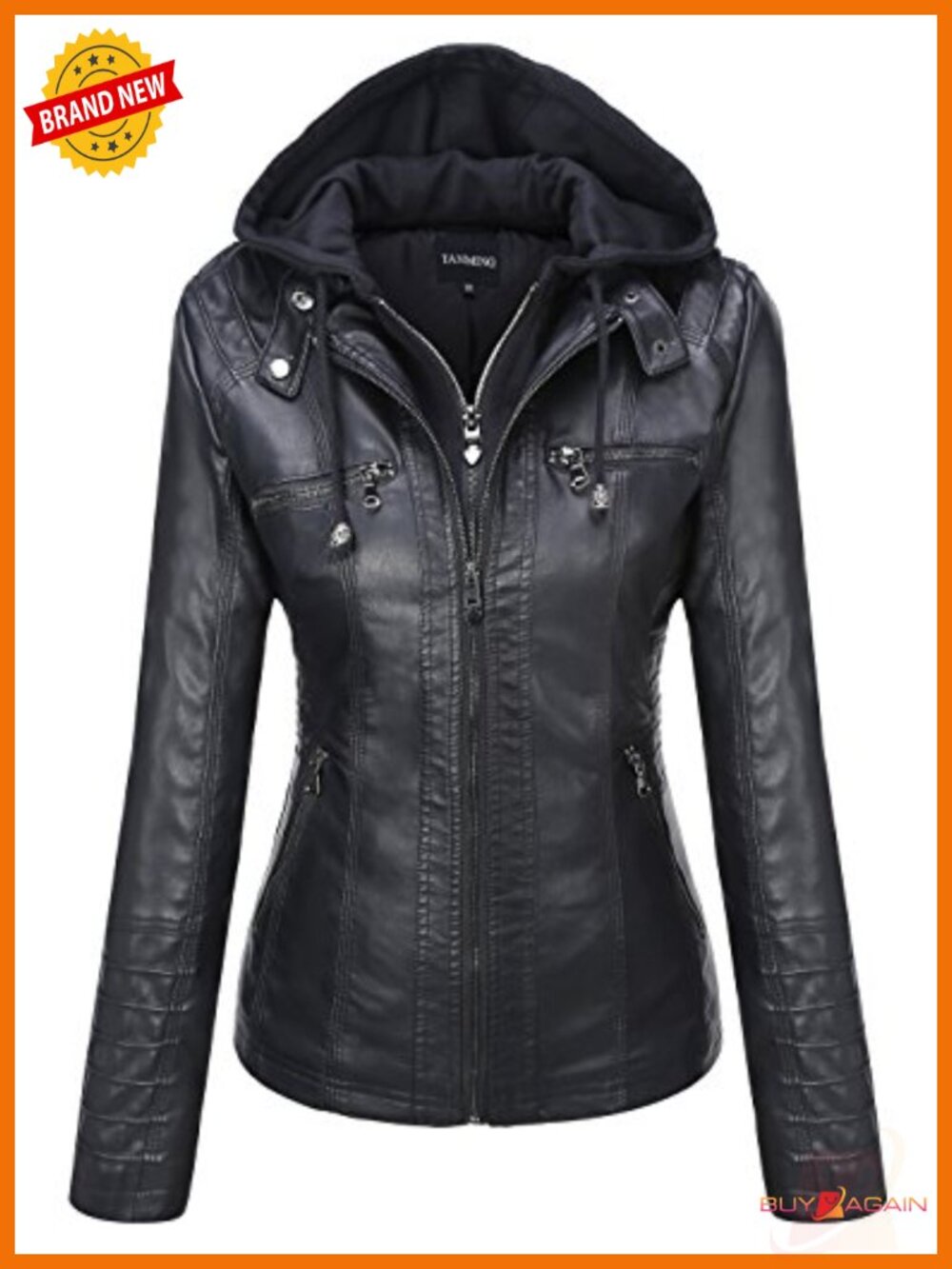 Faux Leather Moto Biker Jacket Hooded Slim Fit Pleated Coat